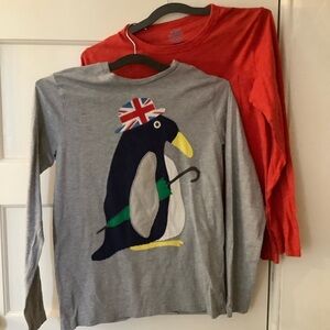 2 Mini Boden Sz 11-12 Tees, British Penguin appliqué T & Red Slub Cotton T